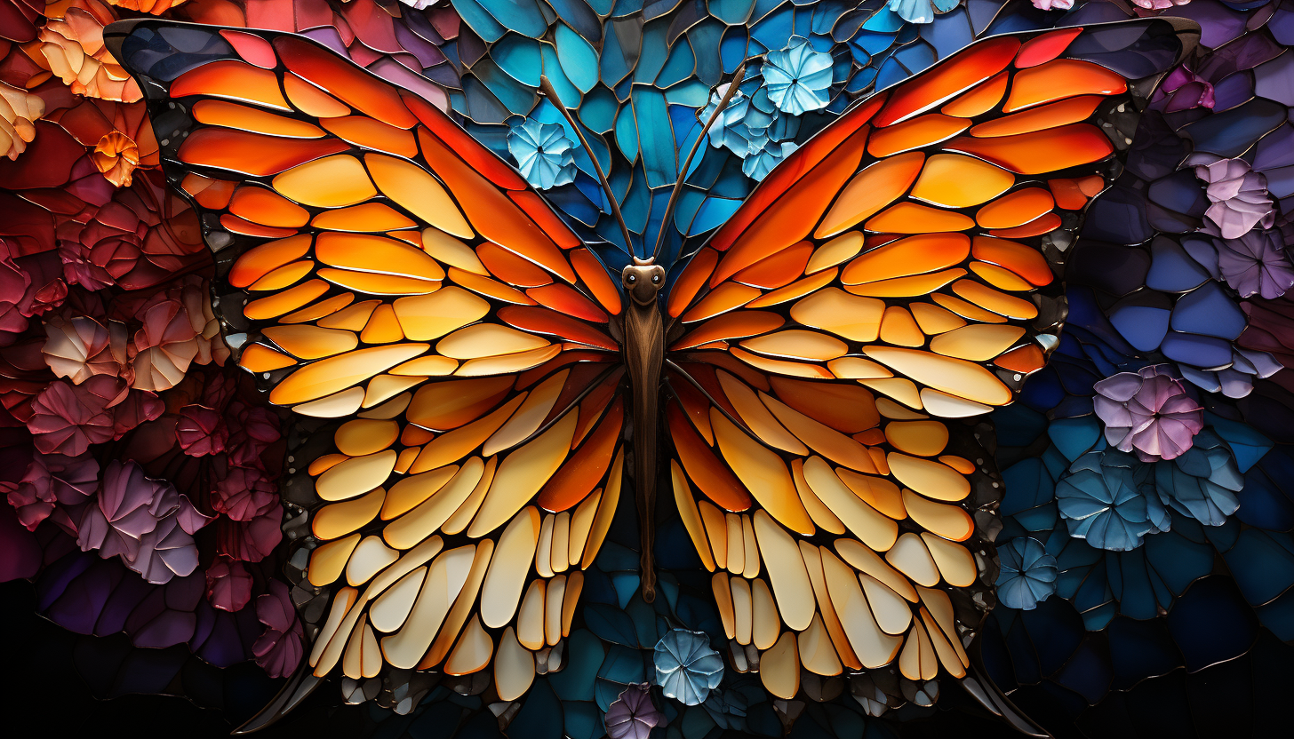 The intricate details of a butterfly wing, displaying a kaleidoscope of colors.