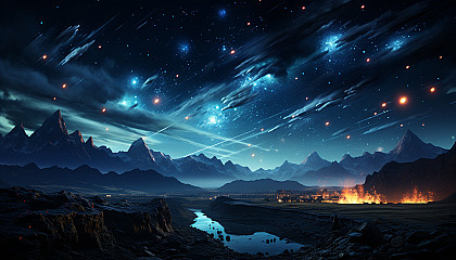 A vibrant meteor shower streaking across the night sky.