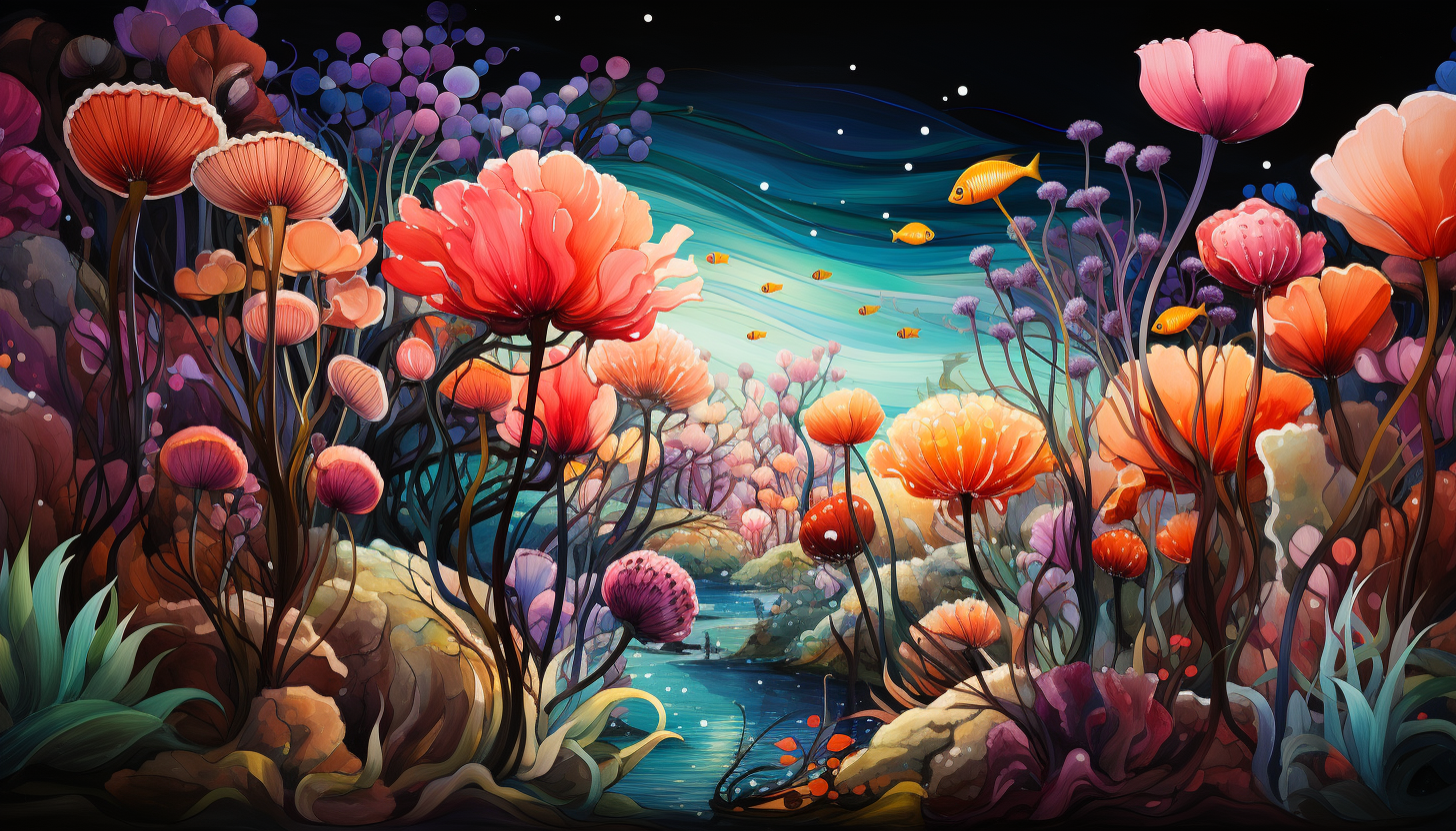 Colorful: A coral reef teeming with multicolored fish and bright sea anemones.