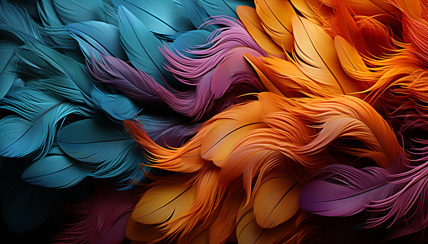Close-up of colorful feathers of a tropical bird, showing intricate patterns.