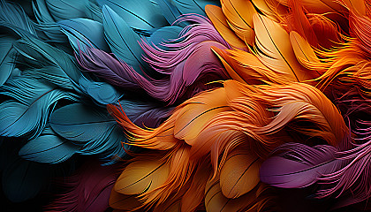 Close-up of colorful feathers of a tropical bird, showing intricate patterns.