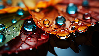 A close-up of dew drops on a spider's web, reflecting the colors of a garden.