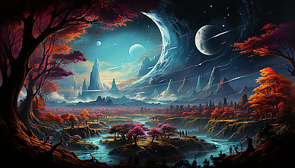 An otherworldly space landscape, featuring vibrant planets and moons.