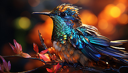 Close-up view of a hummingbird's iridescent feathers, shimmering in the sunlight.