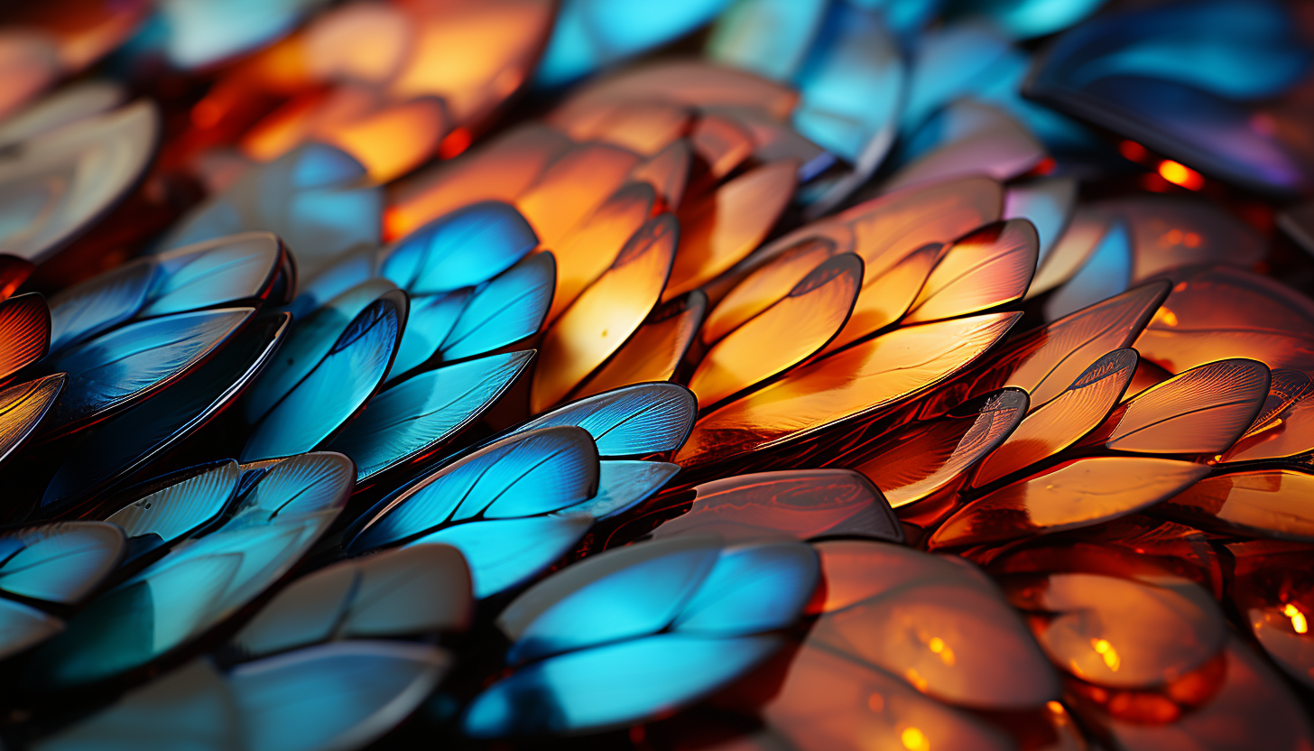 Macro shot of a butterfly wing, showcasing intricate scales and vivid colors.