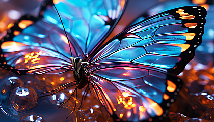 Close-up of iridescent butterfly wings, revealing intricate patterns and hues.