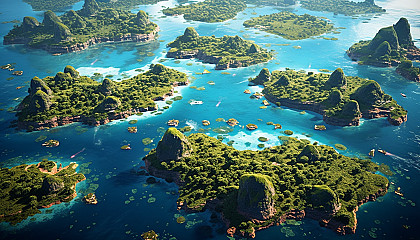An archipelago of lush, tropical islands surrounded by clear waters.