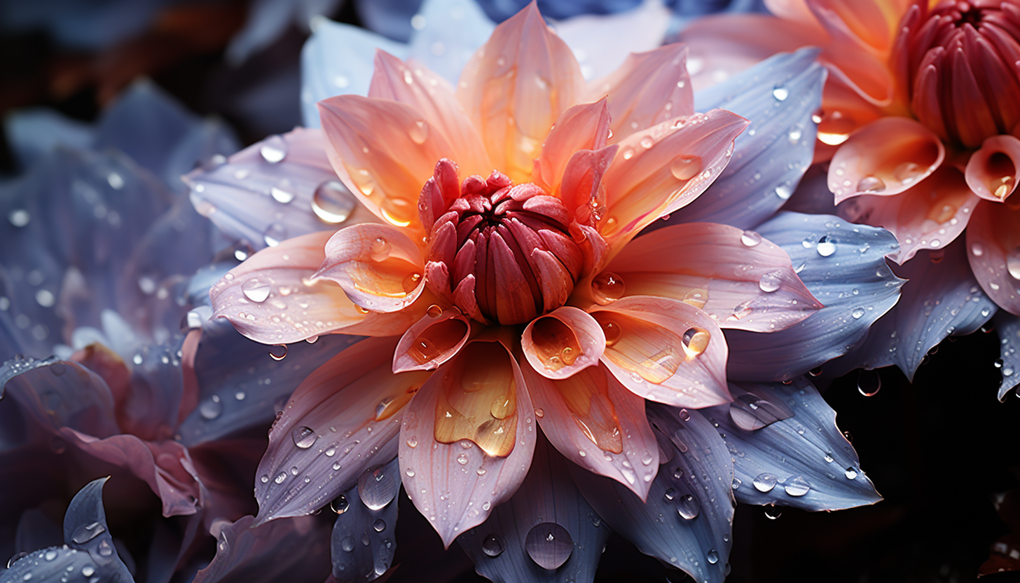 Extreme close-up of a blooming flower, revealing its textures and hues.