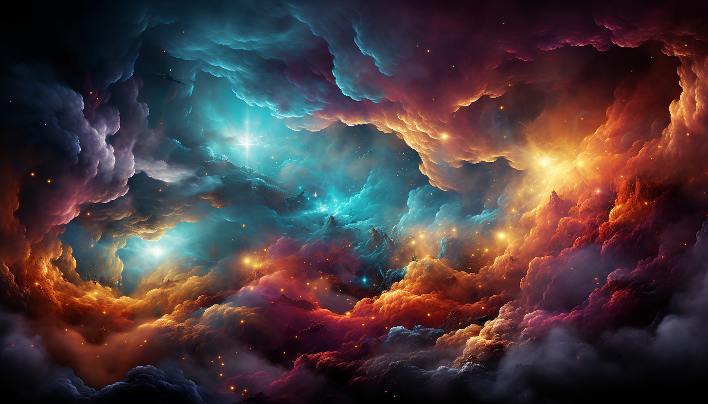 A dazzling nebula in deep space, filled with vibrant hues and swirling patterns.