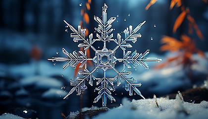 The complex structure of a snowflake, captured in a macro photograph.