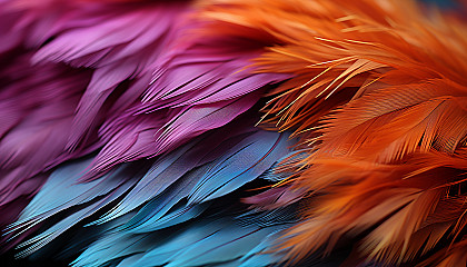 Extreme close-up of a colorful bird's feather, showing each delicate strand.