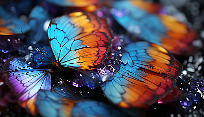 Macro shot of butterfly wings, displaying dazzling colors and detailed vein structure.