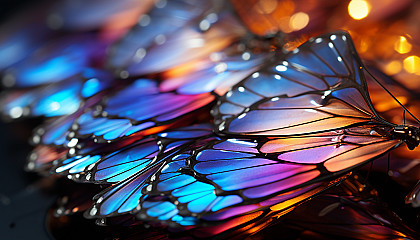 Close-up of iridescent butterfly wings displaying a spectrum of colors.