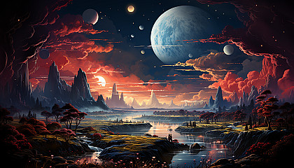 An otherworldly space landscape, featuring vibrant planets and moons.