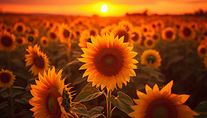 A field of sunflowers turning to face the morning sun.