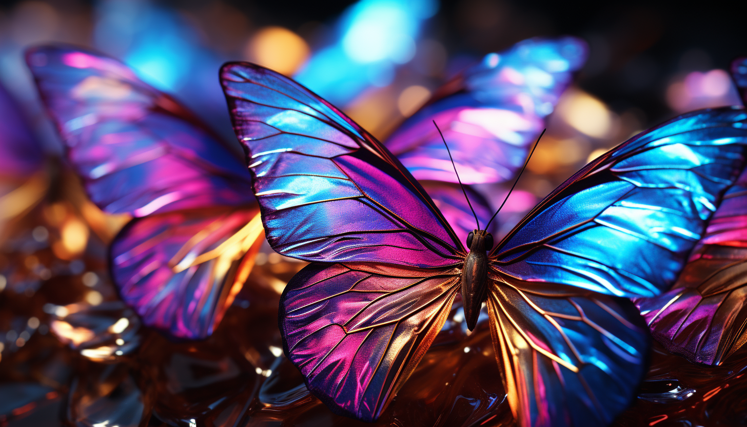 Close-up of iridescent butterfly wings displaying a spectrum of colors.