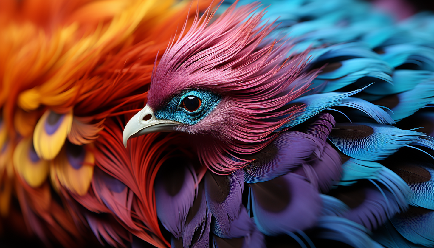 Close-up of colorful feathers of a tropical bird, showing intricate patterns.