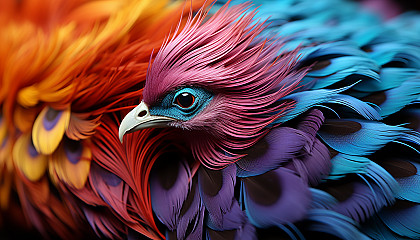 Close-up of colorful feathers of a tropical bird, showing intricate patterns.