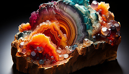 The intricate and colorful patterns found in the cross-section of a mineral.