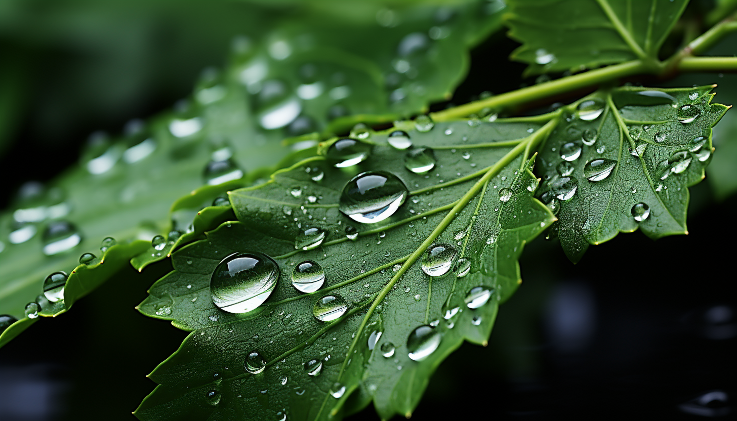 Macro shot of dewdrops magnifying intricate leaf patterns.