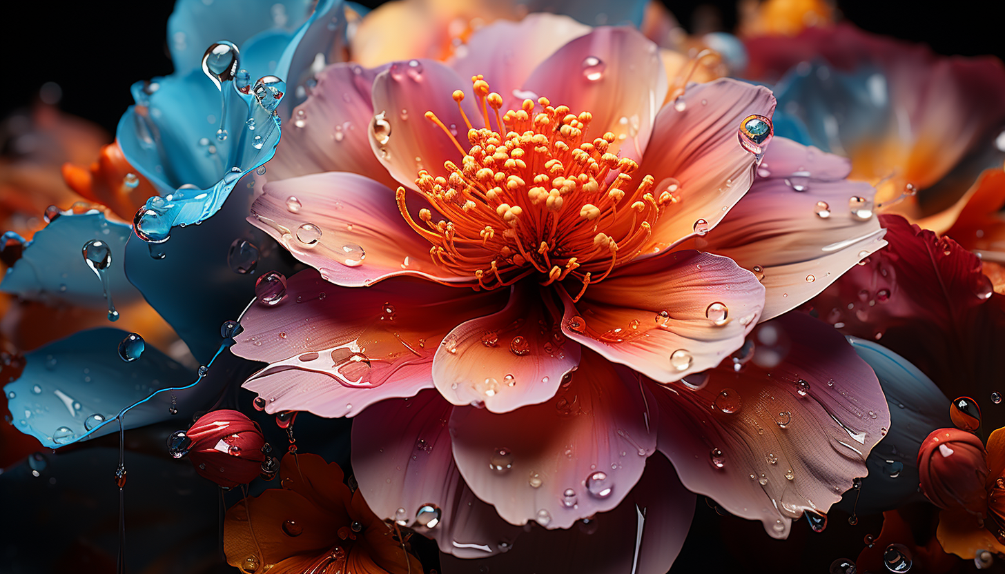 Extreme close-up of a blooming flower, revealing textures and vibrant colors.