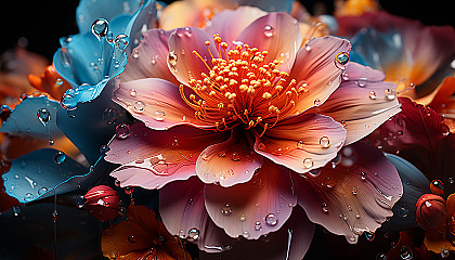 Extreme close-up of a blooming flower, revealing textures and vibrant colors.