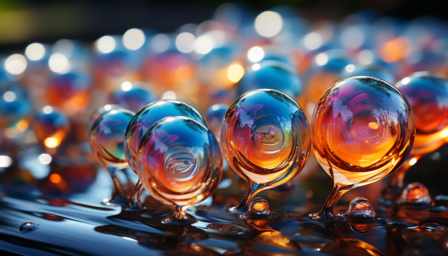 Close-up of iridescent bubbles capturing reflections of the surrounding environment.