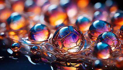 Macro view of iridescent bubbles reflecting light and creating a kaleidoscope effect.