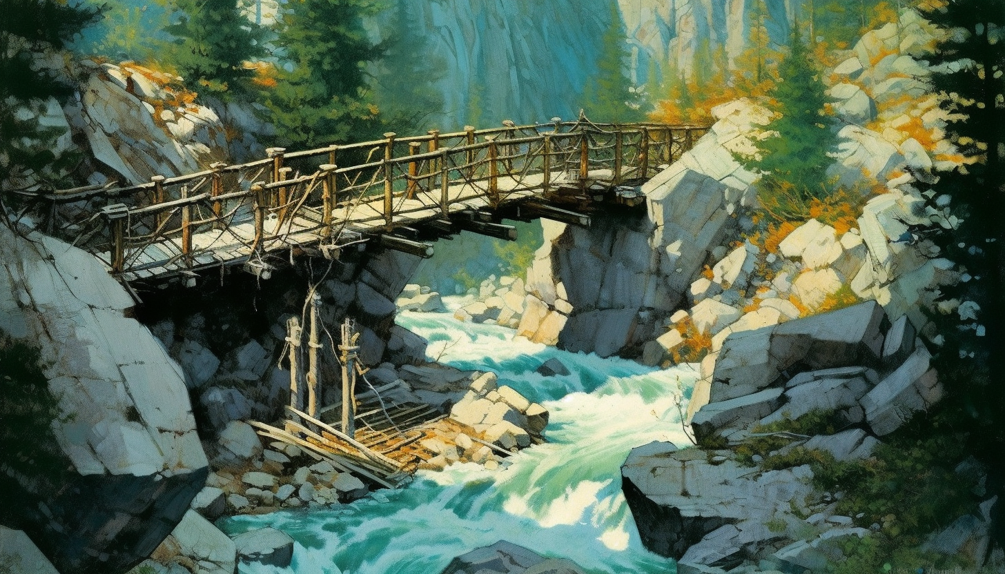 A narrow, rickety bridge crossing a fast-flowing mountain stream.