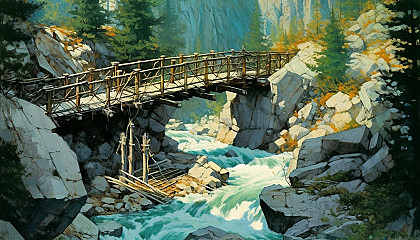 A narrow, rickety bridge crossing a fast-flowing mountain stream.