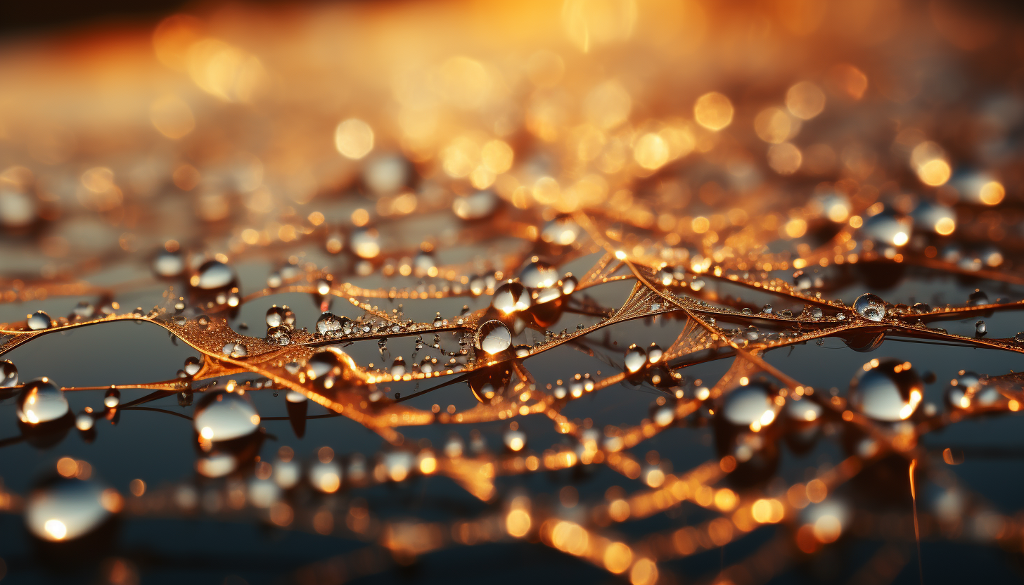 A close-up of a dew-kissed spiderweb sparkling in the morning light.