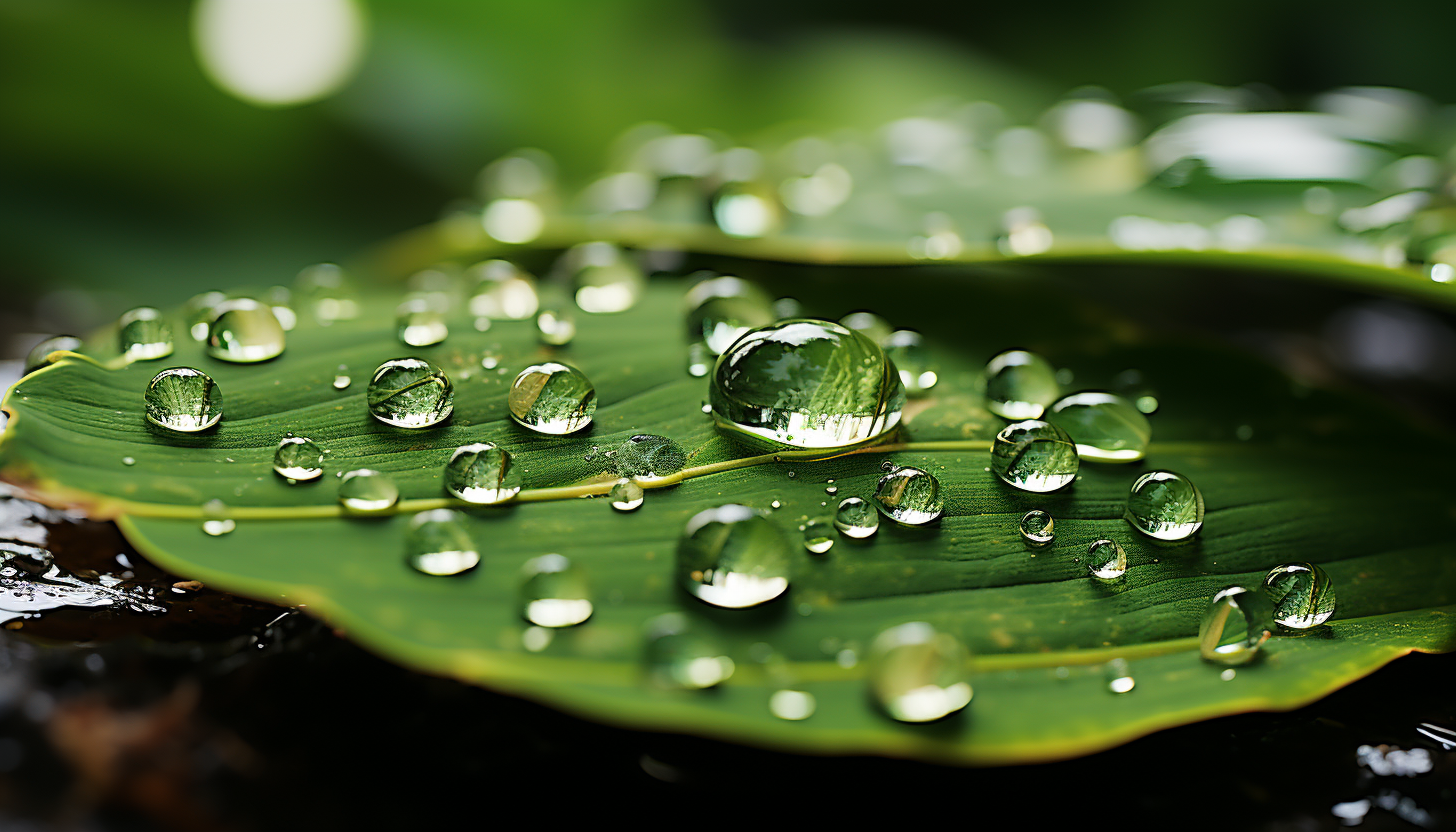 Macro view of a dewdrop on a leaf, reflecting the surrounding flora.