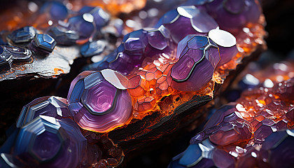 A macro view of crystalline structures in a geode, reflecting vibrant hues.