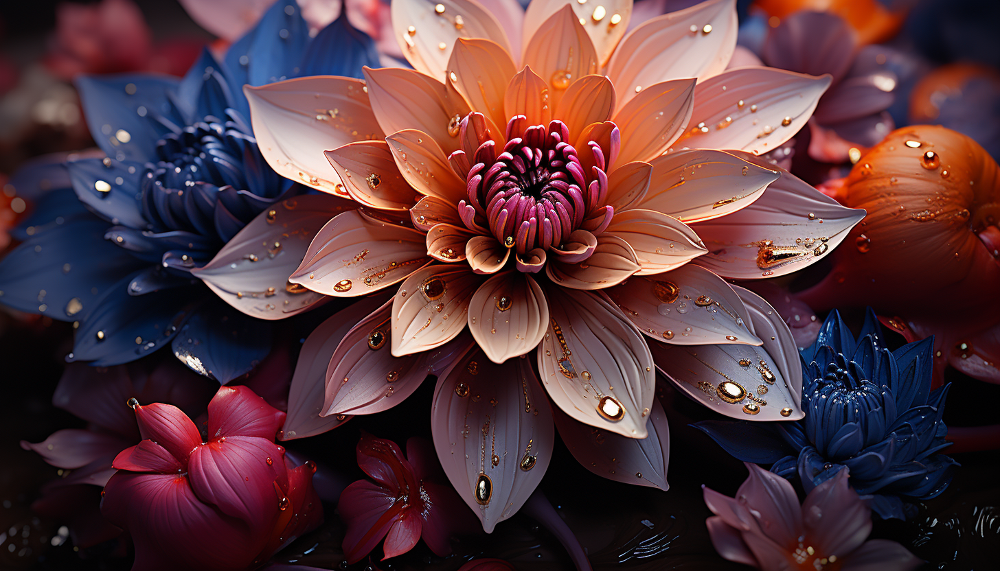 Close-up of a blooming flower, revealing intricate textures and vivid colors.