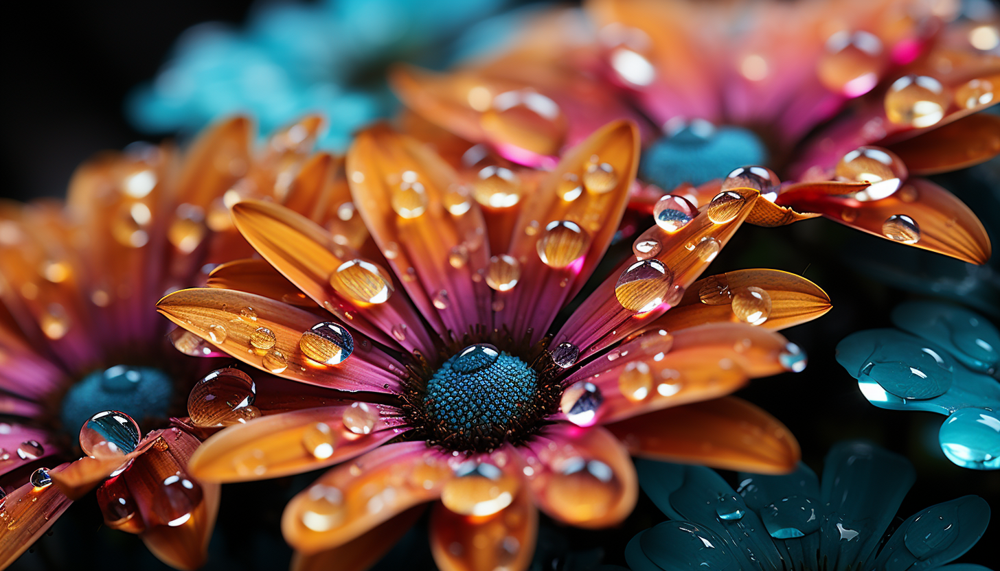 Close-up of dewdrops on a colorful flower petal, reflecting the world around them.