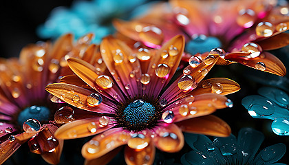 Close-up of dewdrops on a colorful flower petal, reflecting the world around them.