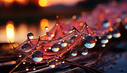 Close-up of dewdrops on a spider web, reflecting the colors of a sunrise.