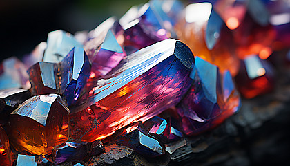 Close-up of a crystalline formation reflecting a rainbow spectrum.