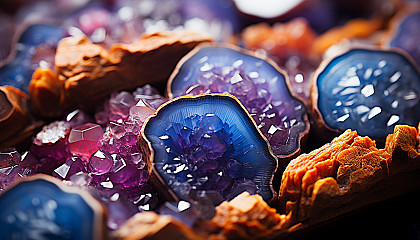 Macro shot of crystalline structures within a colorful geode.