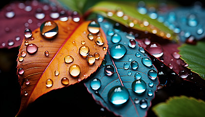 Close-up of dewdrops reflecting a rainbow of colors on a leaf.