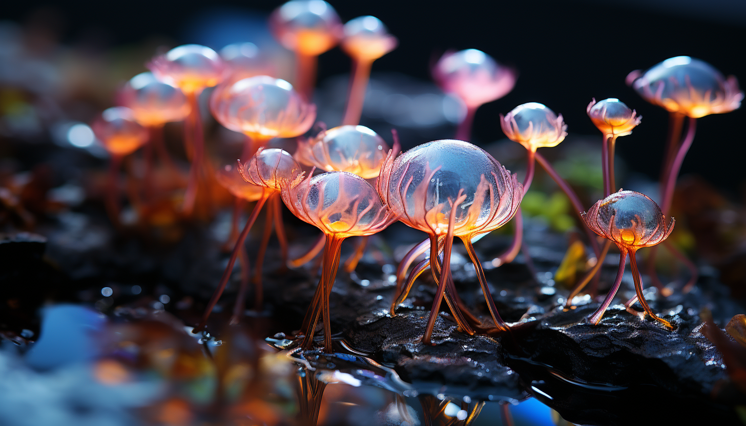 Macro shot of bioluminescent algae, illuminating the water in a burst of color.