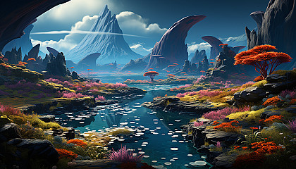 An alien planet's landscape, with colorful and bizarre geological formations.