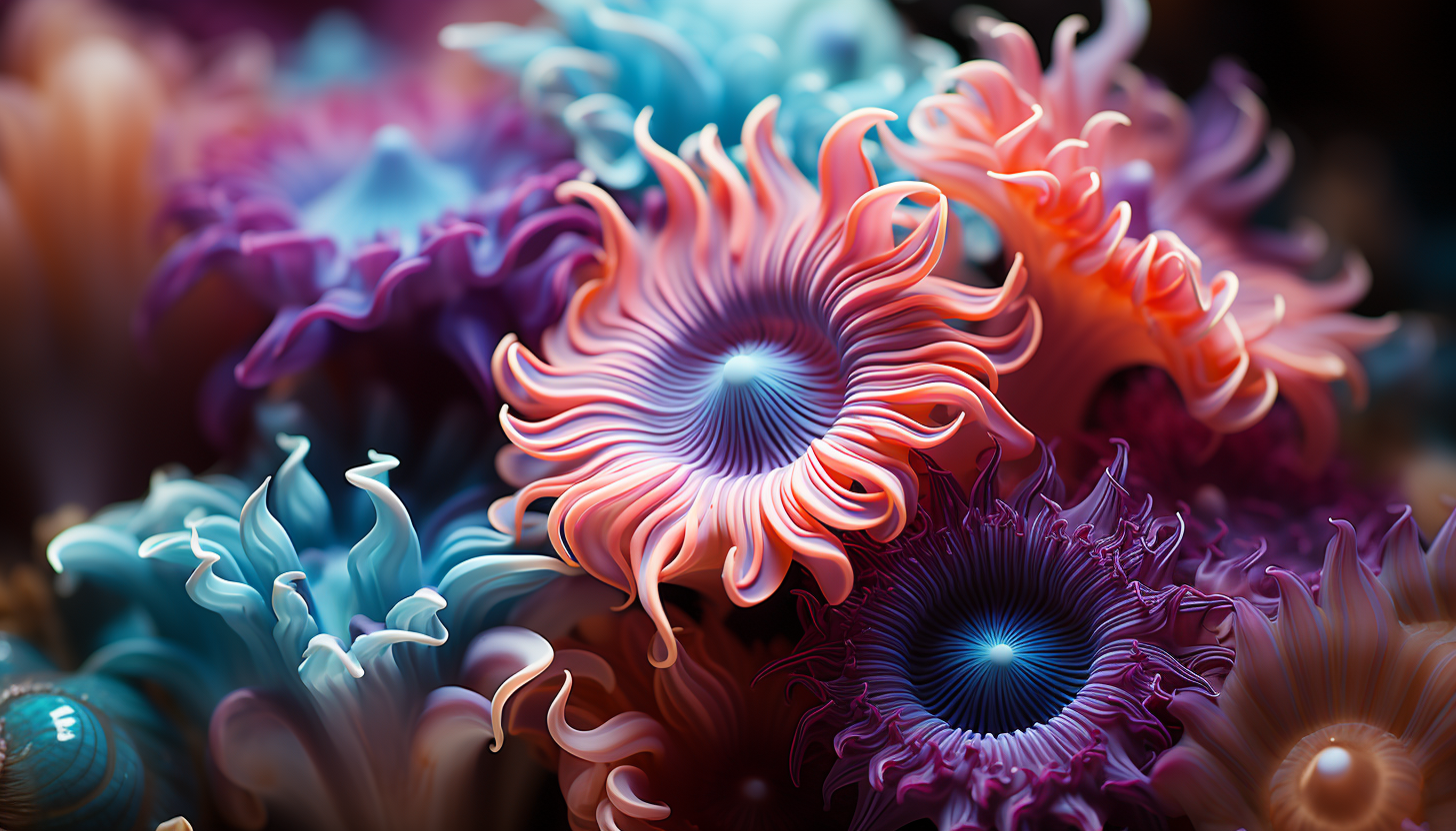 Close-up of colorful coral polyps thriving in a reef.