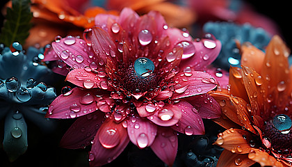 A close-up of dewdrops on a vibrant flower petal.
