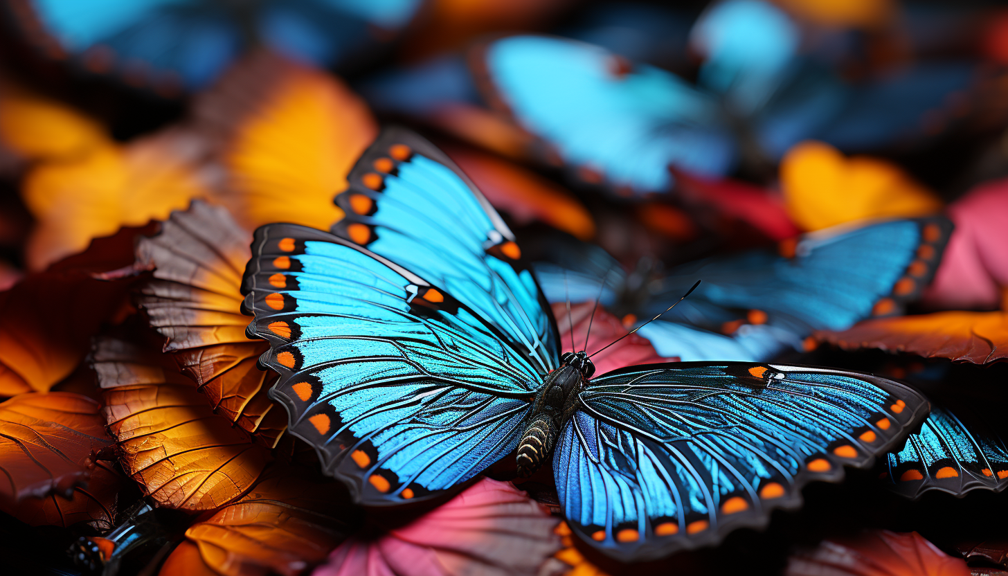 Macro view of butterfly wings displaying intricate patterns and vivid hues.