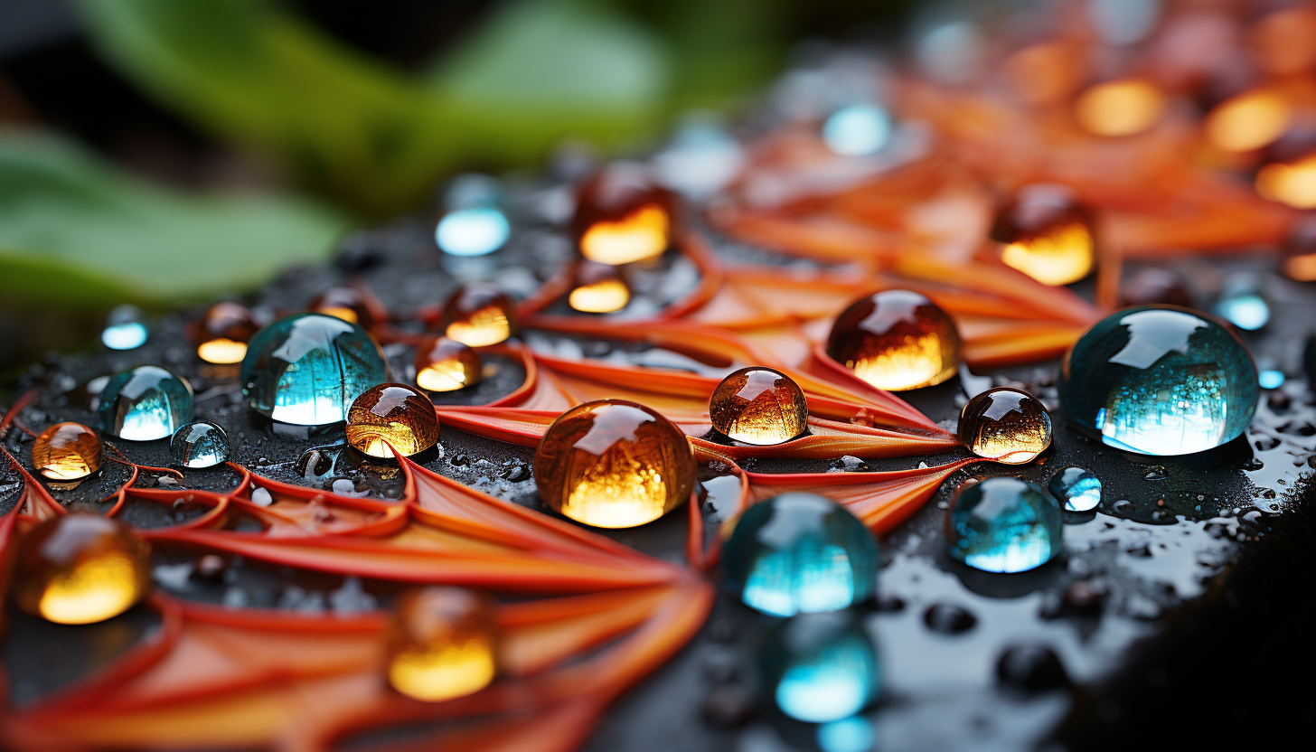 A close-up of dew drops on a spider's web, reflecting the colors of a garden.