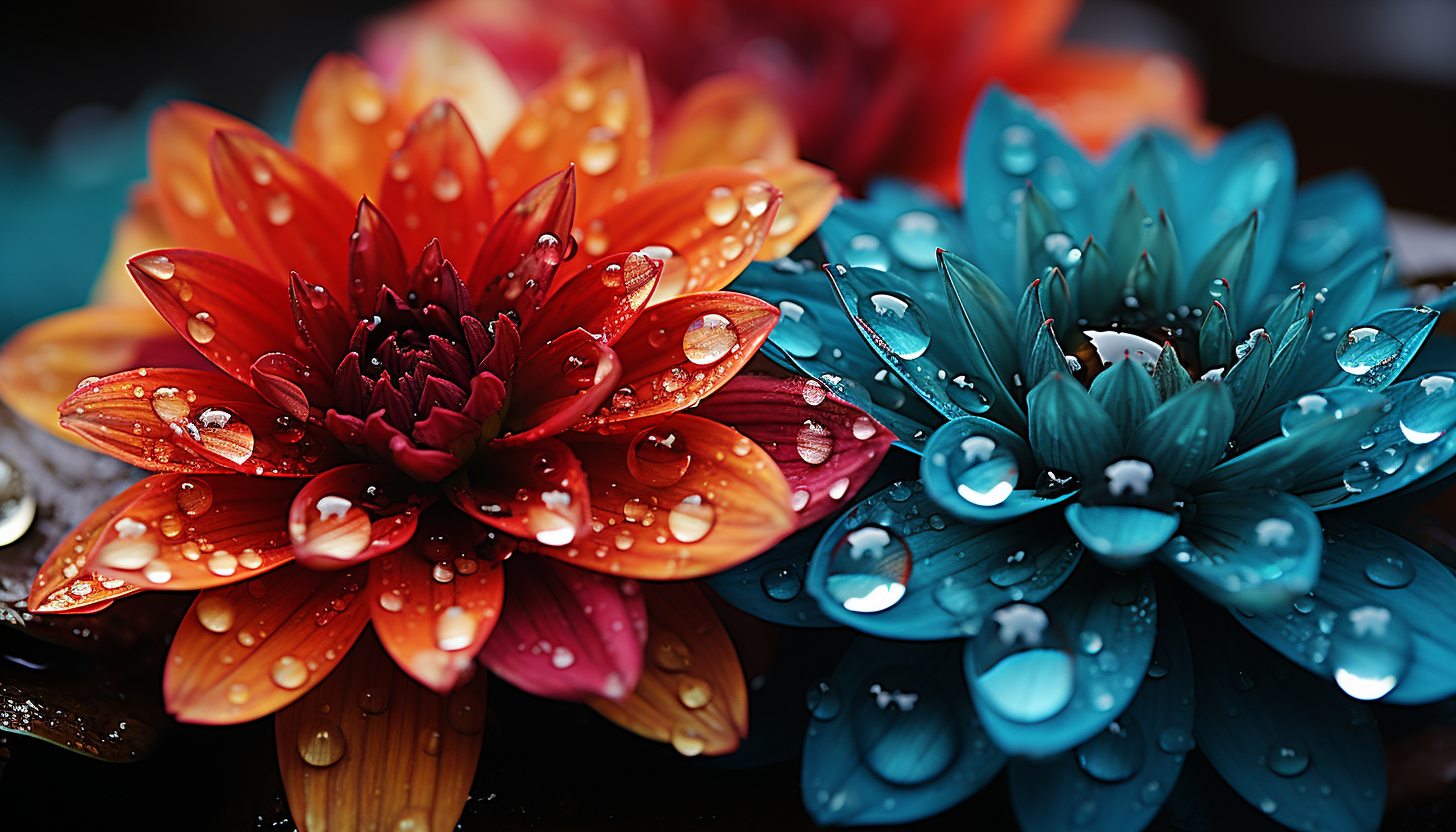 Close-up of dewdrops on a colorful flower petal.