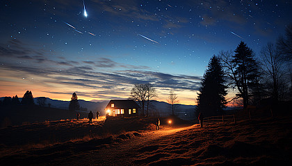 A meteor shower streaking across the night sky.