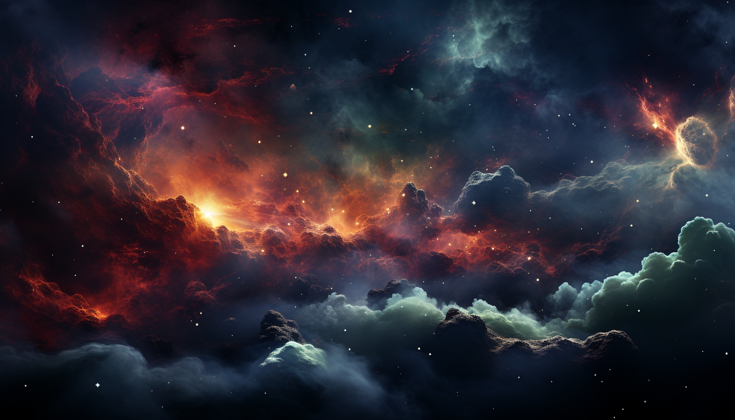 Nebulae in space, with clouds of color and star formations.