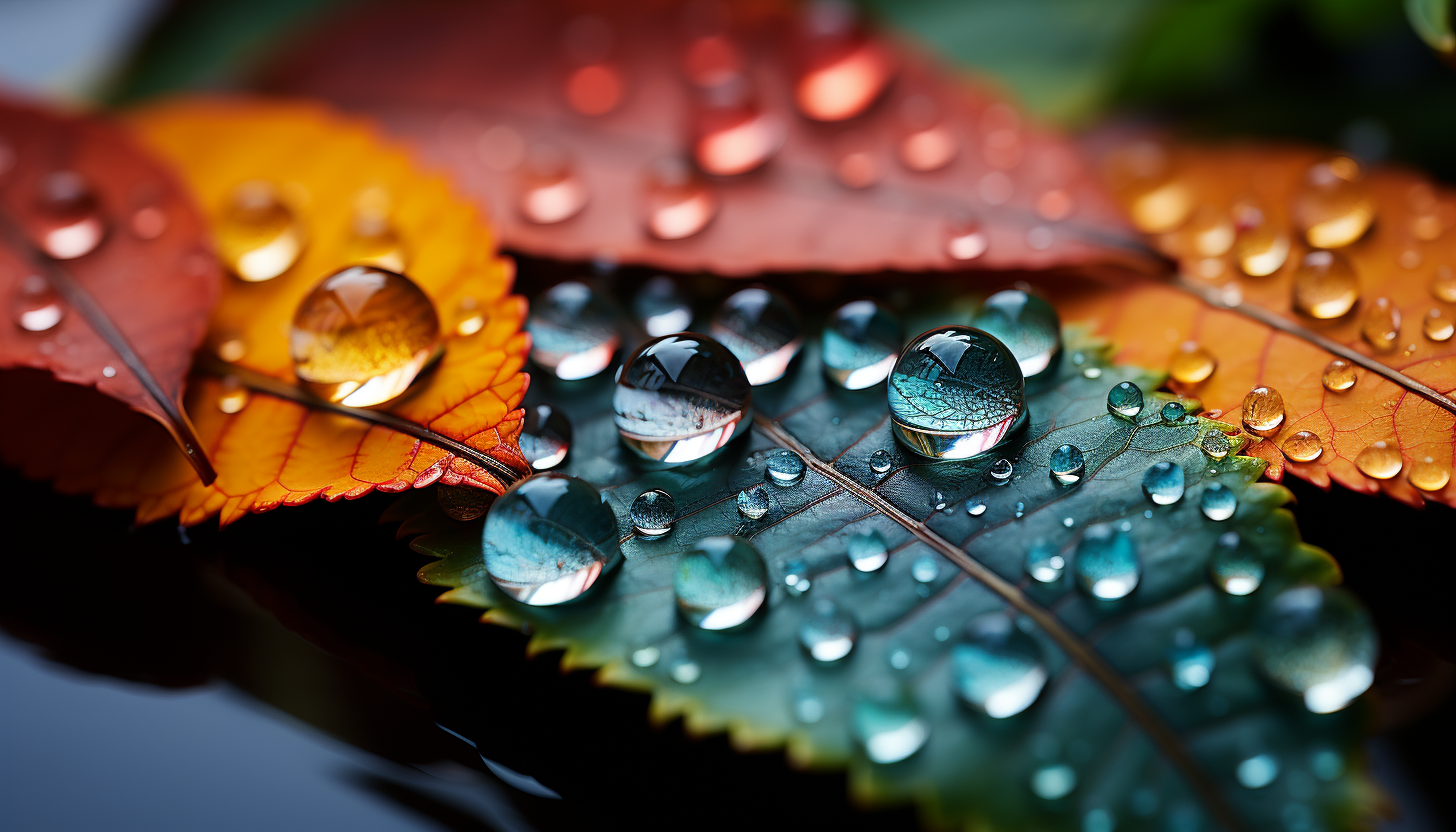 Close-up of dewdrops reflecting a rainbow of colors on a leaf.